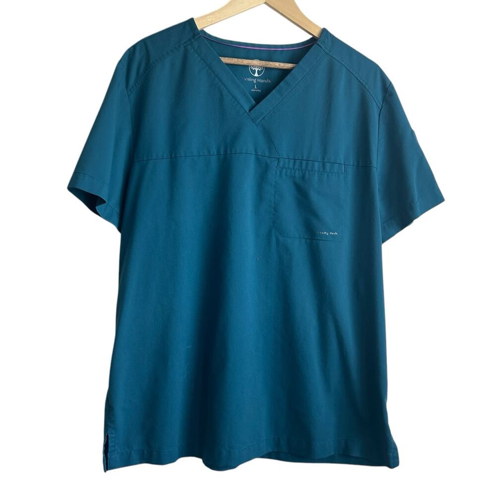 Healing Hands Men Medical Professional Scrub Top L Teal V-Neck Stretch Pocket